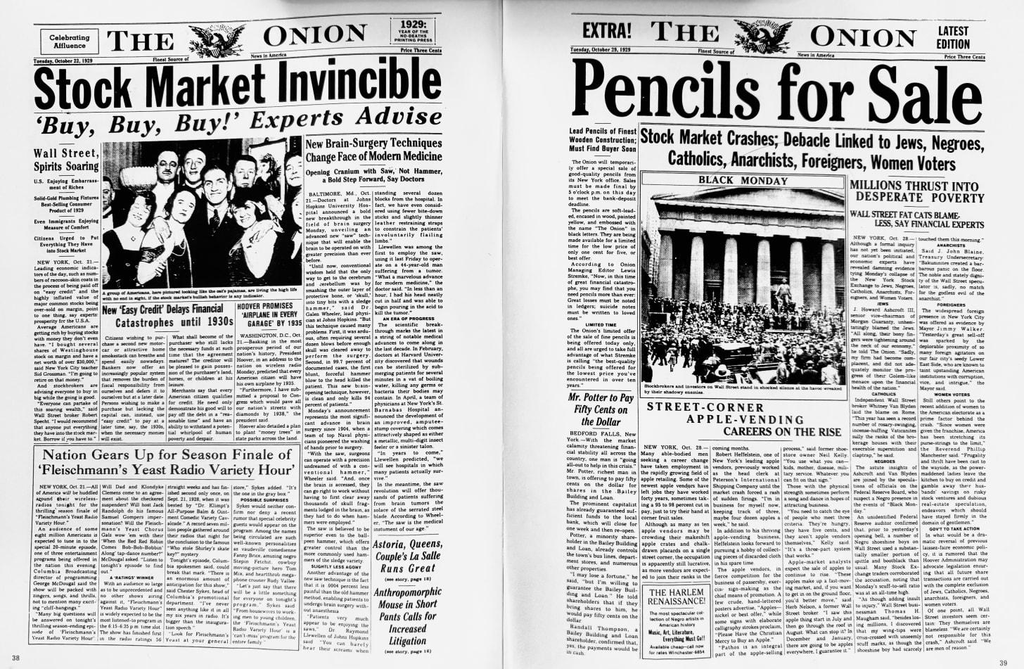 From The Onion: Our Dumb Century - Left Page: STOCK MARKET INVINCIBLE October 22, 1929. Right page: PENCILS FOR SALE - October 29, 1929