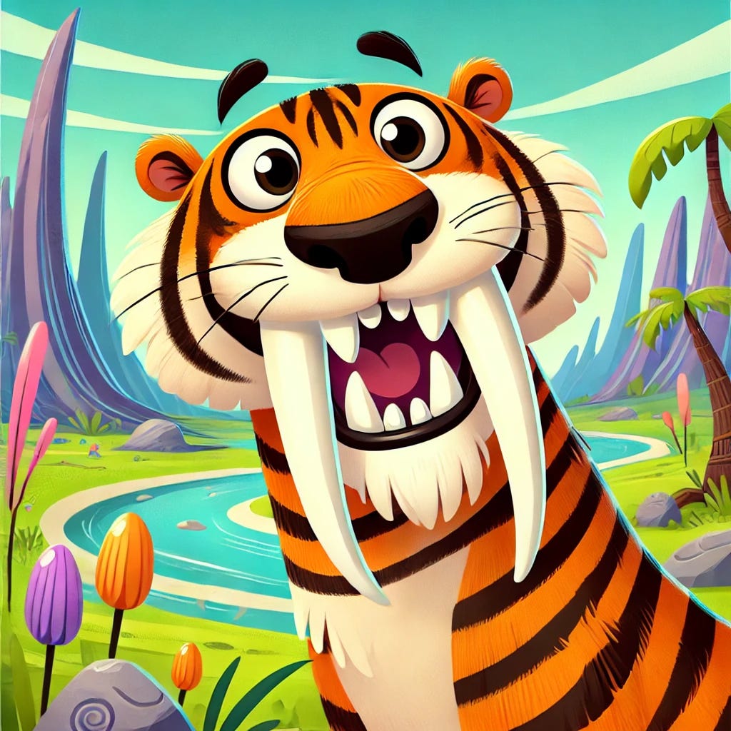 A cartoonish image of a sabre-toothed tiger in a natural setting. The tiger should have exaggerated, large curved canine teeth, a more playful and friendly expression, and a simplified fur coat with bright orange and black stripes. The background should feature a whimsical prehistoric landscape with colourful rocky terrain, some fun and quirky vegetation, and a few distant mountains.
