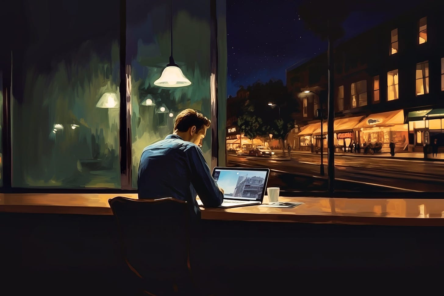 Grafika w stylu mojego ukochanego Edwarda Hoppera, przedstawiająca człowieka w kawiarni, nocą, z MacBookiem. Prawdopodobnie planuje Nowy Rok.