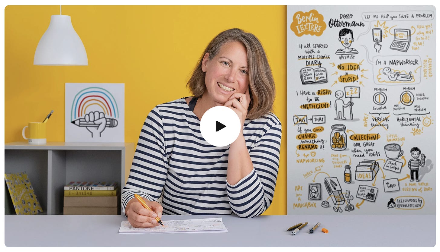 Smiling woman writing on a page, with sketchnotes in the background