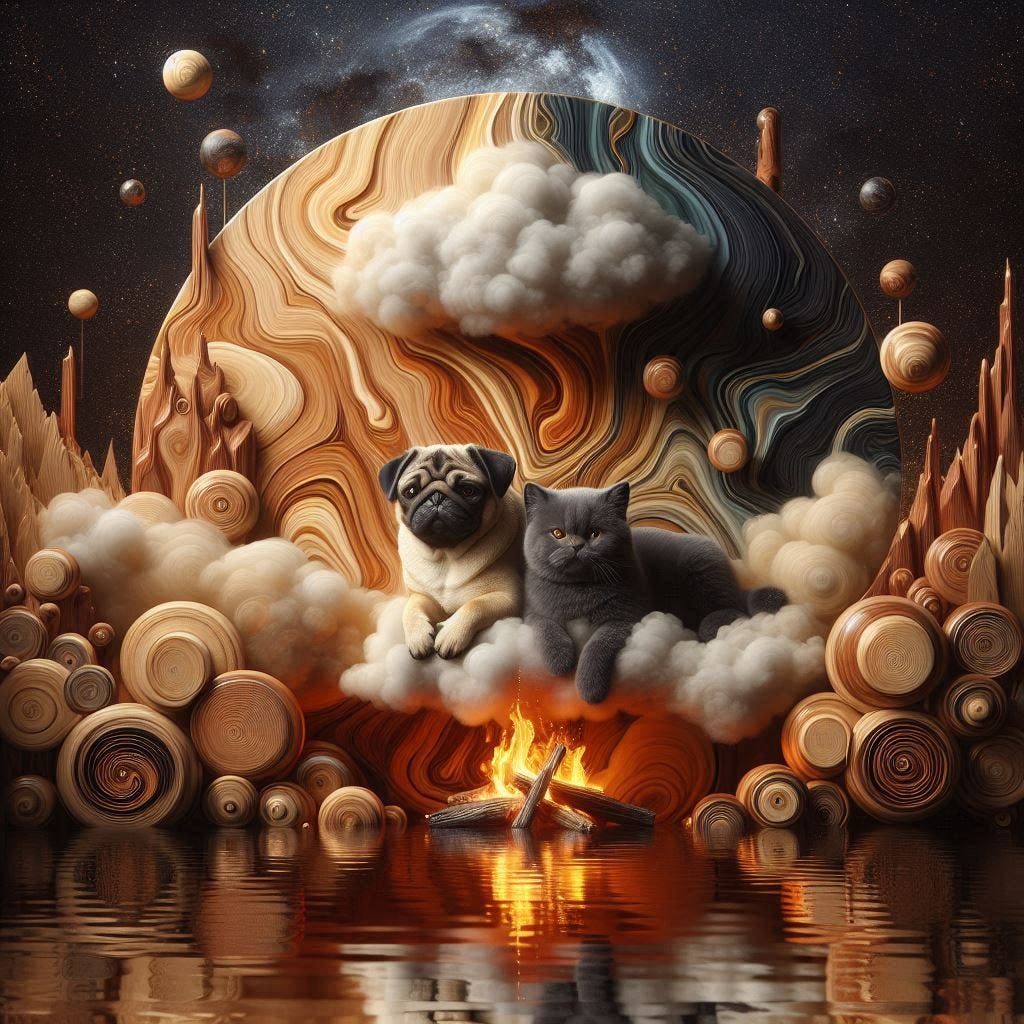  5d angle glass waterfall with with a small fire in it over image of  Birchwood/rosewood black pug and grey cat laying together in water in resin/ soft, beautiful/honey-wood and copper/ Marquetry, verdigris. mountain / fluffy cloud floating low in foreground / honey-gold-swirl/surrounded by copper pipes .REFLECTED/ Inspired by style of Jeffrey Catherine Jones /backdrop of swirling clouds under moon.black starry sky / love/ bliss