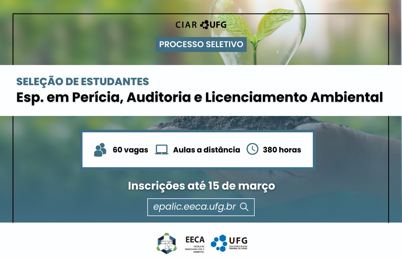 Texto na imagem: Seleção de Estudantes - Especialização em Perícia, Auditoria e Licenciamento Ambiental - inscrições até 15 de março 