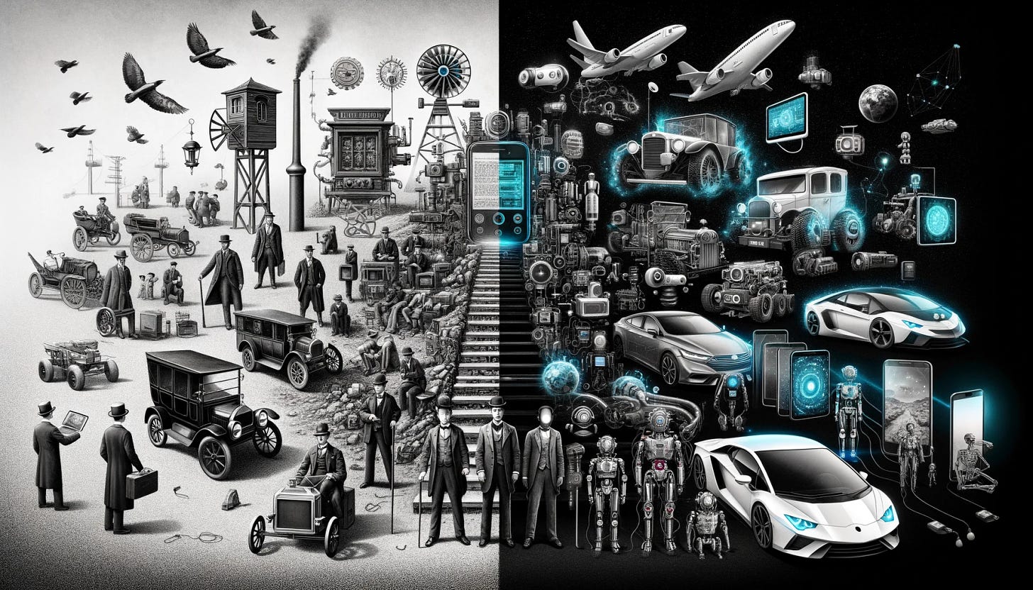 Create a compelling image that contrasts the evolution of technology from the early 1900s to the present. The left side of the image showcases the early 1900s, featuring black and white visuals of rudimentary technologies like the telegraph, early automobiles, and basic electrical appliances. As the viewer's eye moves to the right, the image transitions to full color, depicting modern advancements such as smartphones, electric cars, AI robots, and virtual reality headsets. This transition visually represents over a century of technological progress, highlighting the drastic changes and advancements that have occurred. The image serves as a powerful reminder of how far humanity has come in terms of innovation and technology.