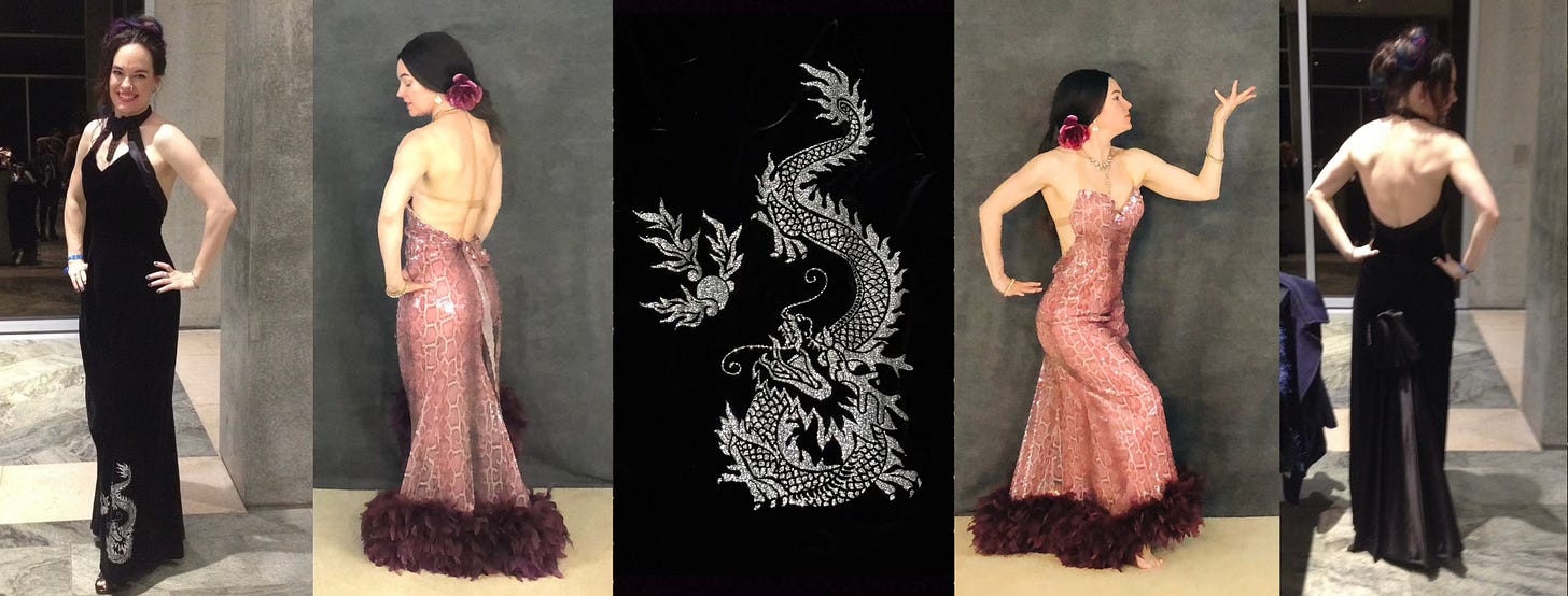 The author in updos and evening gowns. One is black velvet with a silver snaky Chinese dragon; the other is sequined pink snakeskin trimmed in burgundy feathers. Both are backless and fit like a glove.