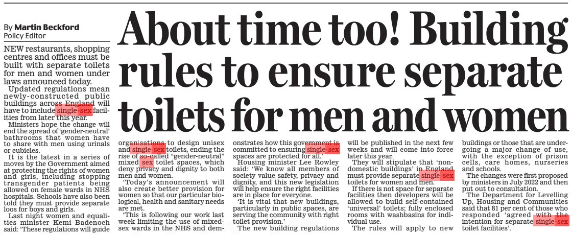 About time too! Building rules to ensure separate toilets for men and women Daily Mail6 May 2024By Martin Beckford Policy Editor NEW restaurants, shopping centres and offices must be built with separate toilets for men and women under laws announced today.  Updated regulations mean newly- constructed public buildings across England will have to include single-sex facilities from later this year.  Ministers hope the change will end the spread of ‘gender-neutral’ bathrooms that women have to share with men using urinals or cubicles.  It is the latest in a series of moves by the Government aimed at protecting the rights of women and girls, including stopping transgender patients being allowed on female wards in NHS hospitals. Schools have also been told they must provide separate loos for boys and girls.  Last night women and equalities minister Kemi Badenoch said: ‘These regulations will guide organisations to design unisex and single-sex toilets, ending the rise of so-called “gender-neutral” mixed sex toilet spaces, which deny privacy and dignity to both men and women.  ‘Today’s announcement will also create better provision for women so that our particular biological, health and sanitary needs are met.  ‘This is following our work last week limiting the use of mixedsex wards in the NHS and demonstrates how this government is committed to ensuring single-sex spaces are protected for all.’  Housing minister Lee Rowley said: ‘We know all members of society value safety, privacy and dignity, and this new legislation will help ensure the right facilities are in place for everyone.  ‘It is vital that new buildings, particularly in public spaces, are serving the community with right toilet provision.’  The new building regulations will be published in the next few weeks and will come into force later this year.  They will stipulate that ‘ nondomestic buildings’ in England must provide separate single-sex toilets for women and men.  If there is not space for separate facilities then developers will be allowed to build self- contained ‘universal’ toilets; fully enclosed rooms with washbasins for individual use.  The rules will apply to new buildings or those that are undergoing a major change of use, with the exception of prison cells, care homes, nurseries and schools.  The changes were first proposed by ministers in July 2022 and then put out to consultation.  The Department for Levelling Up, Housing and Communities said that 81 per cent of those who responded ‘ agreed with the intention for separate single-sex toilet facilities’.  Article Name:About time too! Building rules to ensure separate toilets for men and women Publication:Daily Mail Author:By Martin Beckford Policy Editor Start Page:17 End Page:17