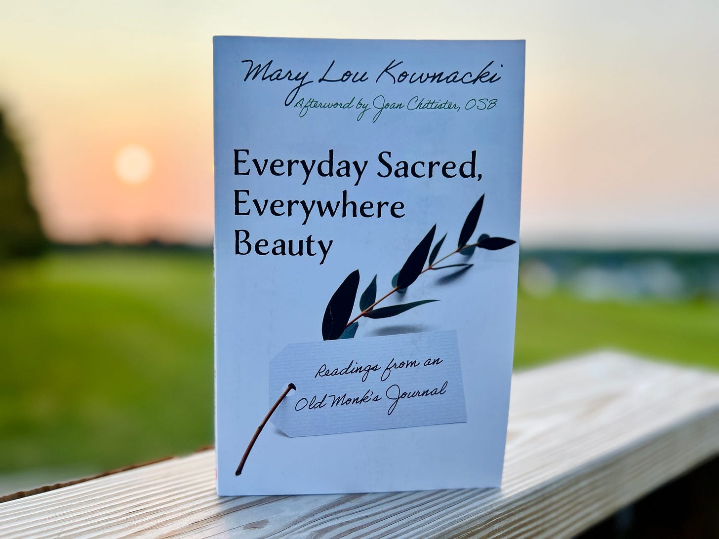 Everyday Beauty, Everywhere Sacred by Mary Lou Kownacki -- Book Cover in front of Sunset Everyday Beauty, Everywhere Sacred by Mary Lou Kownacki -- Book Cover in front of Sunset