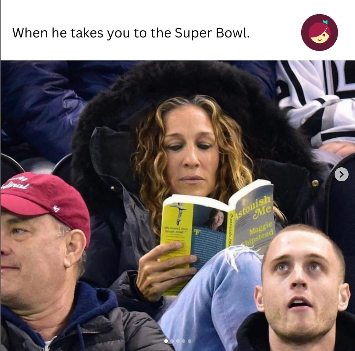 when he takes you to the super bowl: Sarah Jessica Parker in the bleachers of a football game, reading a book