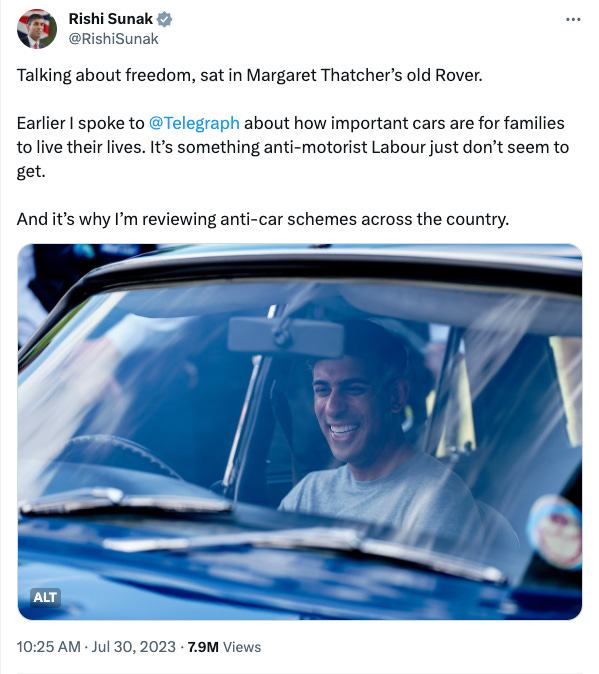 Rishi Sunak tweet with a photo of him sitting in Margaret Thatcher's Rover