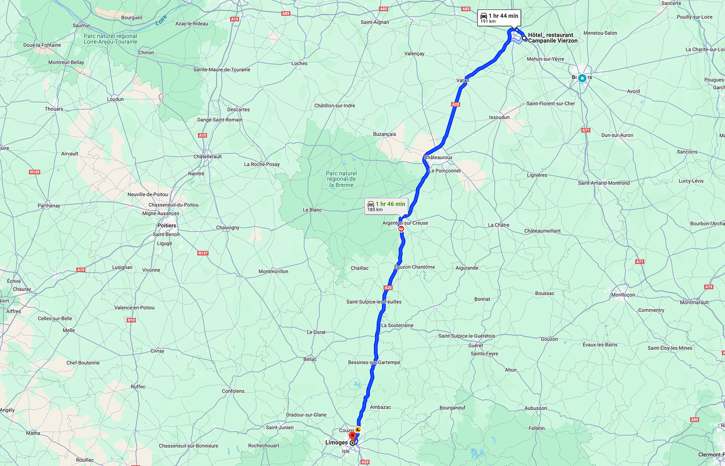 Map showing our route from Vierzon to Limoges