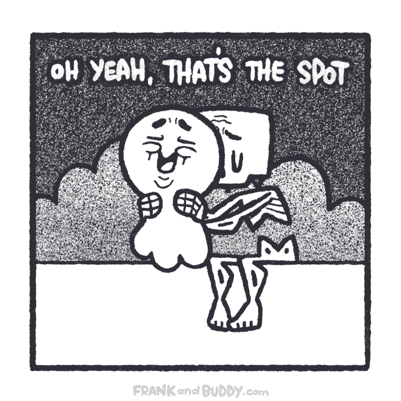This animated webcomic shows the skeleton using the baby ghost as a stress ball and the baby ghost getting a free massage in the process. They both say "Oh Yeah, that's the spot"