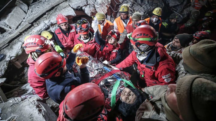 Hulya Bayrak is rescued from rubble of collapsed building 116 hours after earthquakes, on February 10, 2023 in Turkey's Hatay.