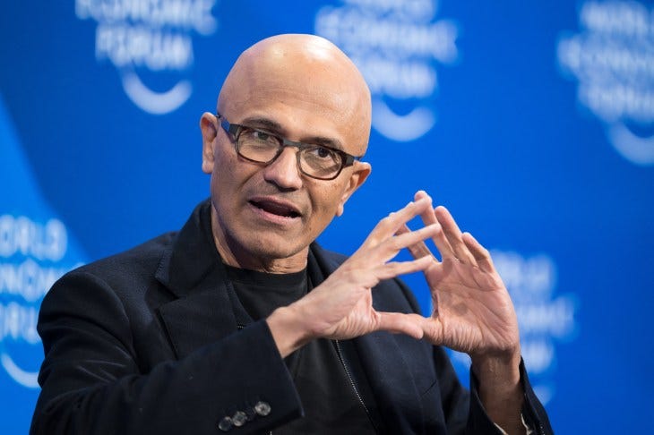 Microsoft CEO Satya Nadella gestures during a session at the World Economic Forum (WEF) annual meeting in Davos, on January 16, 2024.