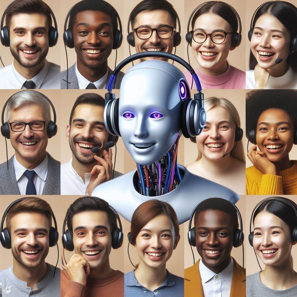 An AI interpreter with multiple different people from different parts of the world able to listen to everyone in their native language with big smiles on their faces