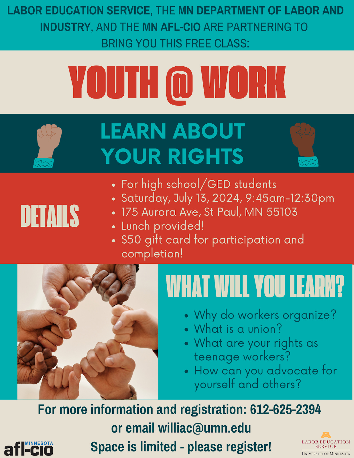 a blue red and white graphic with details about the Youth @ Work program