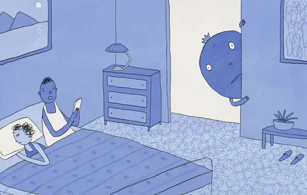 Drawing of a man and a woman in bed, with a blob monster peeking in through the doorway
