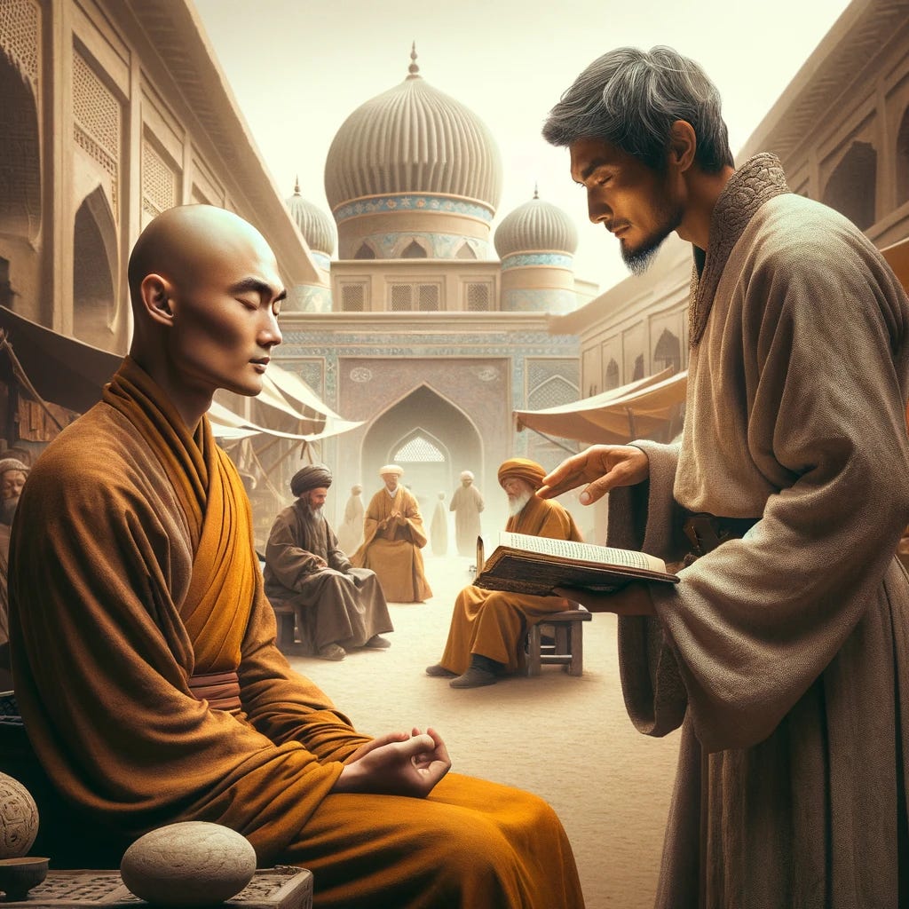 This image portrays a nuanced interaction between a monk and a missionary on the Silk Road. The monk, of ambiguous Asian descent, has his eyes closed in deep meditation, dressed in muted saffron robes, simple and unadorned, with hands gently folded in his lap. Beside him, the missionary, of ambiguous Middle Eastern descent, is dressed in a modest, undyed linen robe and is actively engaging with the surroundings, holding a well-worn sacred text, ready to share with others. The background features a bustling Silk Road market set against a desert oasis, with architecture blending domes and intricate latticework from various cultures along the Silk Road.