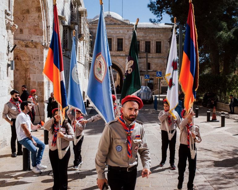 Armenian scout leader Hagop Djernazian during the Armenian scouts march through the old city Jerusalem on Palm Sunday, April 2nd 2023. © Lucien Lung / Riva-Press