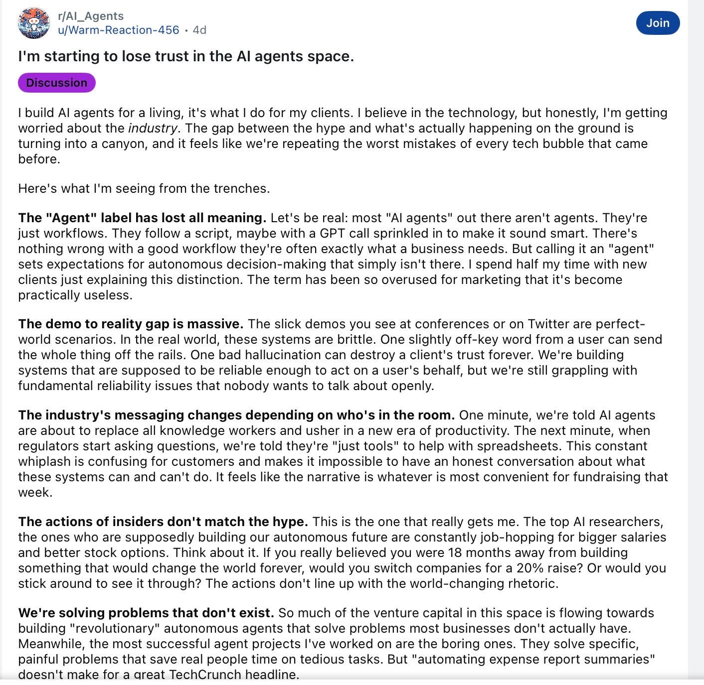 A Reddit post from an AI industry insider explaining the huge gap between AI agent demos and real-world reliability.