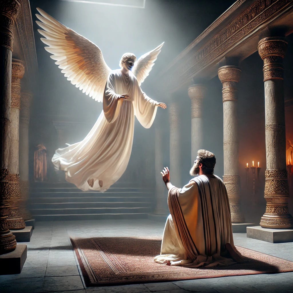 A realistic, majestic 35mm photo of the ancient prophet Daniel in his Babylonian home, with the angel Gabriel appearing to him. The angel, dressed in glowing white robes, is floating in the air, exuding a powerful and serene presence. Daniel, wearing traditional ancient Jewish clothes, is on his knees in awe. The scene takes place in a dimly lit, grand interior with Babylonian architecture, featuring ornate columns and soft candlelight casting shadows on the walls. The atmosphere is both dramatic and ethereal, highlighting the encounter's significance.