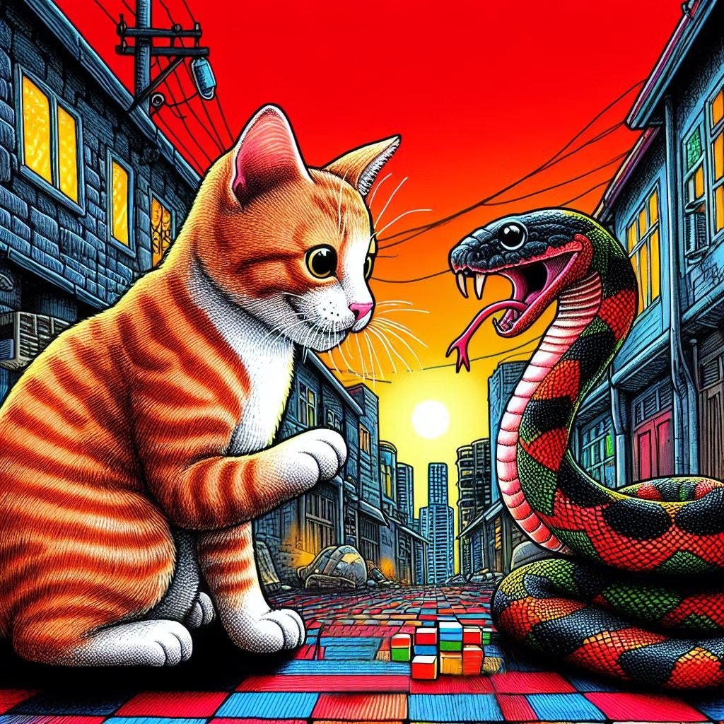 "Curious New Friend"

A cat and a snake! Can they be friends? Here they meet one another and try to determine just what they are seeing!