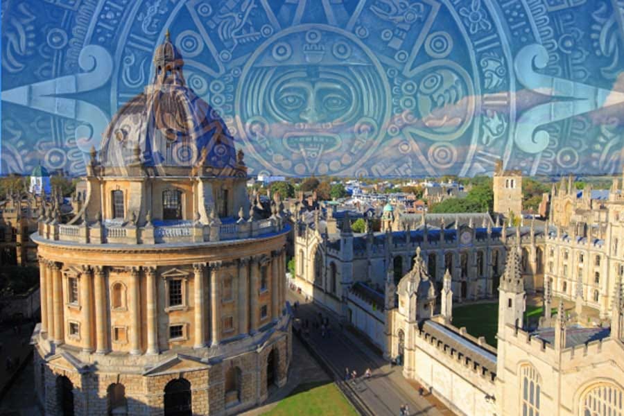 Oxford University overlaid with Aztec sun stone. Source:  luisrsphoto / Adobe Stock / ryanking999 /Adobe Stock
