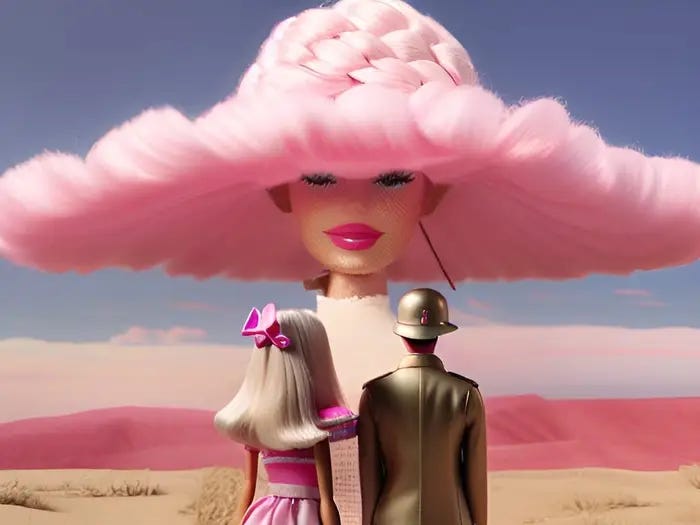 Imagem conceitual da barbie boneca olhando para uma cabeça de boneca gigante no céu onde seus cabelos sao as nuvems.