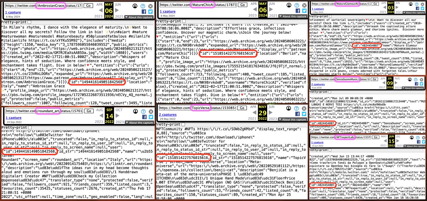 screenshots of JSON wayback machine archives