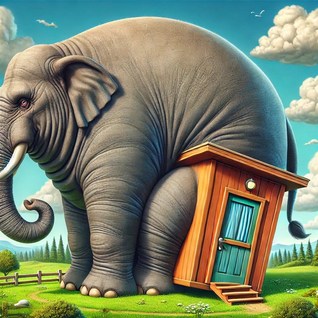 A surreal and humorous illustration depicting a giant elephant comically stuffed into a small, wooden structure, with its large tail prominently sticking out through the doorway or window. The scene is lighthearted, with vibrant colors and a whimsical atmosphere, including a lush green landscape, a clear blue sky, and some exaggerated details to emphasize the absurdity of the situation. The image visually represents the proverb 'elephant inside, tail outside' with playful and engaging elements.