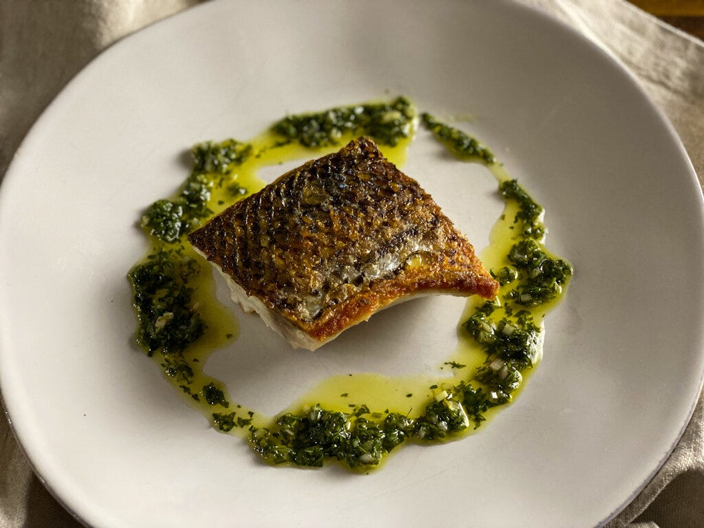 Crispy-Skinned Striped Bass with Tangy Green Everything Sauce