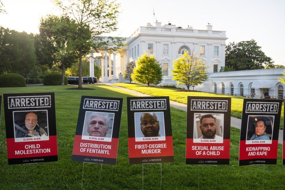 Signs outside the White House displaying photos and crimes of arrested undocumented immigrants.