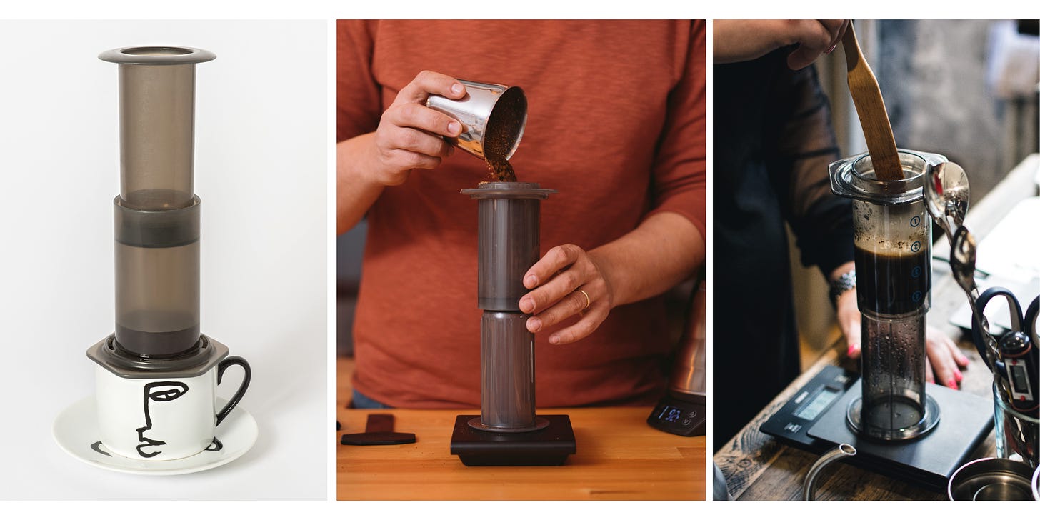 A collage of photos detailing how to use an Aeropress coffee brewer.