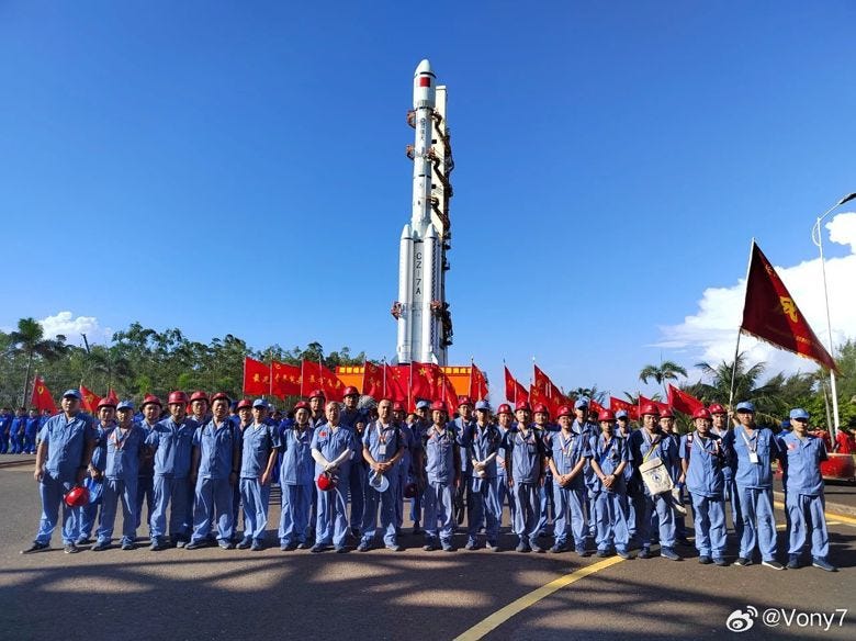 Part of the launch vehicle team during the rollout of the Long March 7A Y8 vehicle.