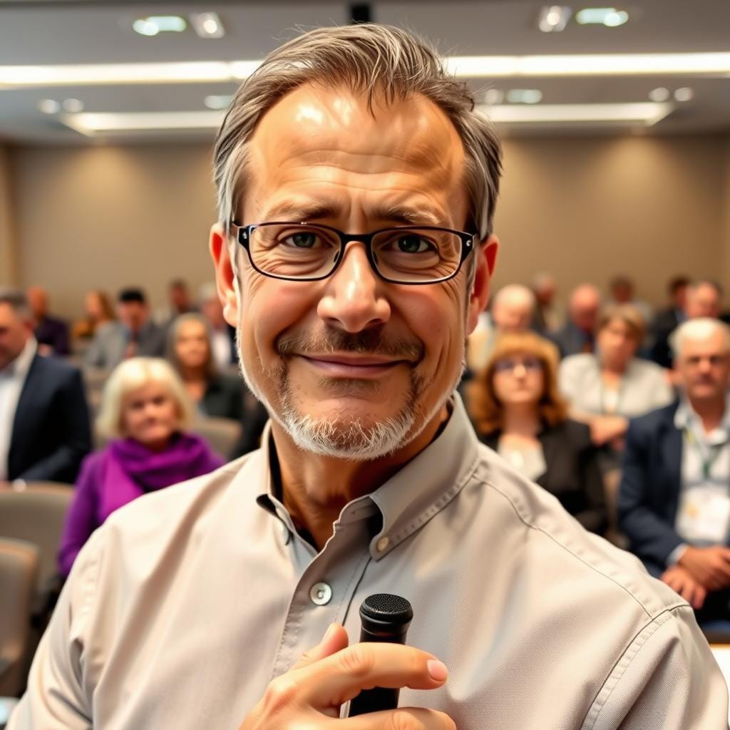 A man with glasses smiling and holding a microphone, with a crowd of people sitting in the background