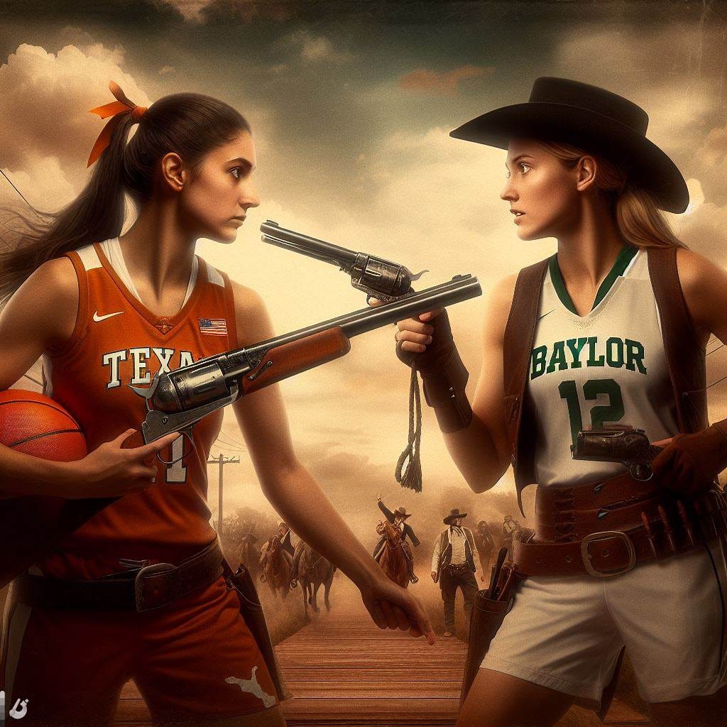 A 1800s Western duel between a Texas women's basketball player and a Baylor women's basketball player, in the style of Remington