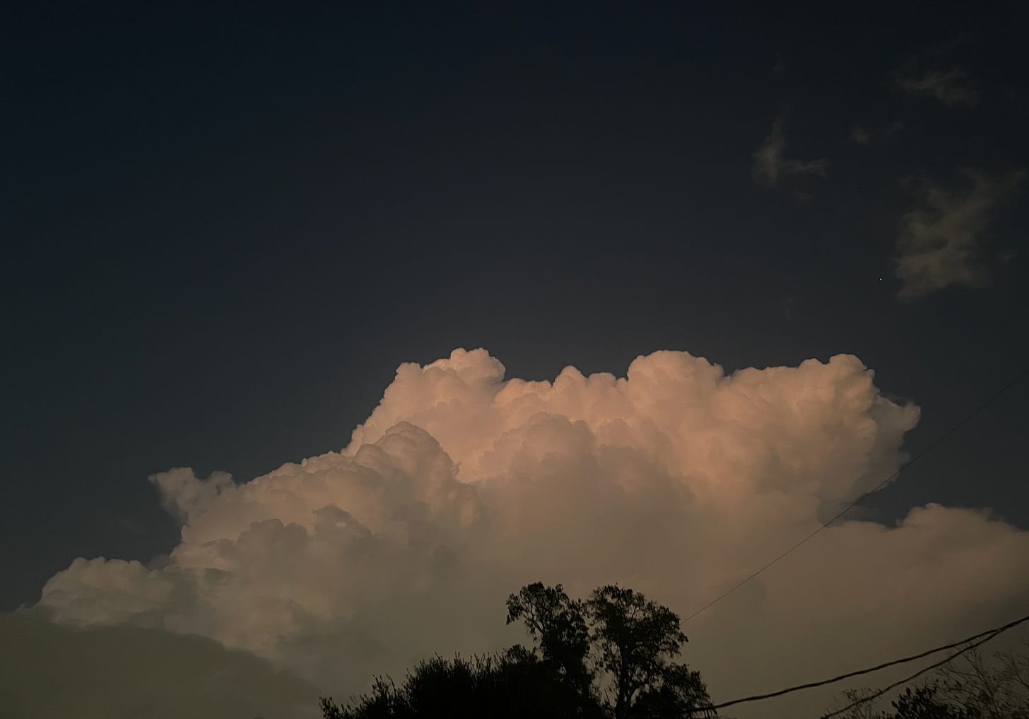 A picture of the top of a cumulonimbus cloud during the early evening. You can see the top of trees and electric wires along the bottom edge of the picture. To the top right of the cloud, which takes up the bottom half of the photograph, you can see a single pinpoint of a star, along with some wispy cirrus clouds.