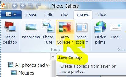 Picture showing the auto collage button in Photo gallery.
