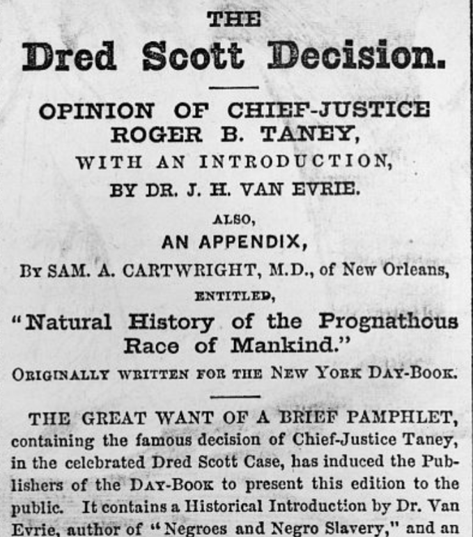 19th century newspaper headline advertising a book on the Dred Scott decision