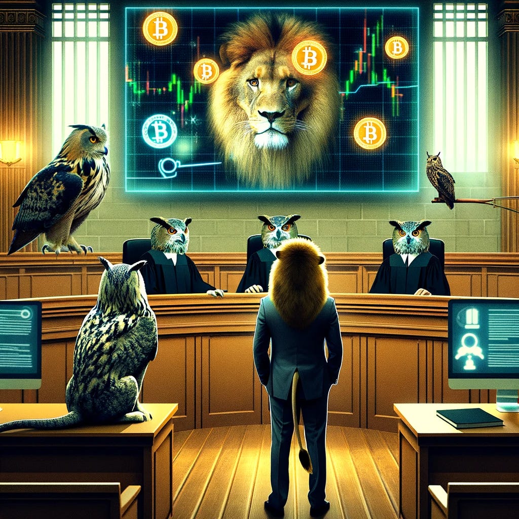 A courtroom scene with a lion, symbolizing Sam Bankman-Fried, facing a panel of judges represented by owls. The courtroom is filled with digital screens showing cryptocurrency symbols and legal documents, illustrating the gravity of the crypto fraud case. The atmosphere is solemn, with the lion standing solemnly as the owls deliberate, highlighting the significant consequences of financial misconduct in the digital age.