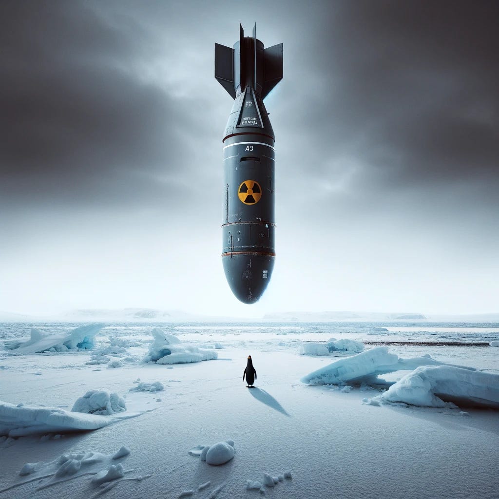 A dramatic and intense scene showing a nuclear warhead arrowing directly towards a lone penguin on a frozen wasteland. The sky is overcast, adding a sense of impending doom. The missile, detailed and menacing, points downward at a steep angle towards the ice-covered ground where the penguin stands isolated. The landscape is stark, predominantly white with scattered ice formations, emphasizing the vulnerability of the penguin as it gazes up at the descending warhead.