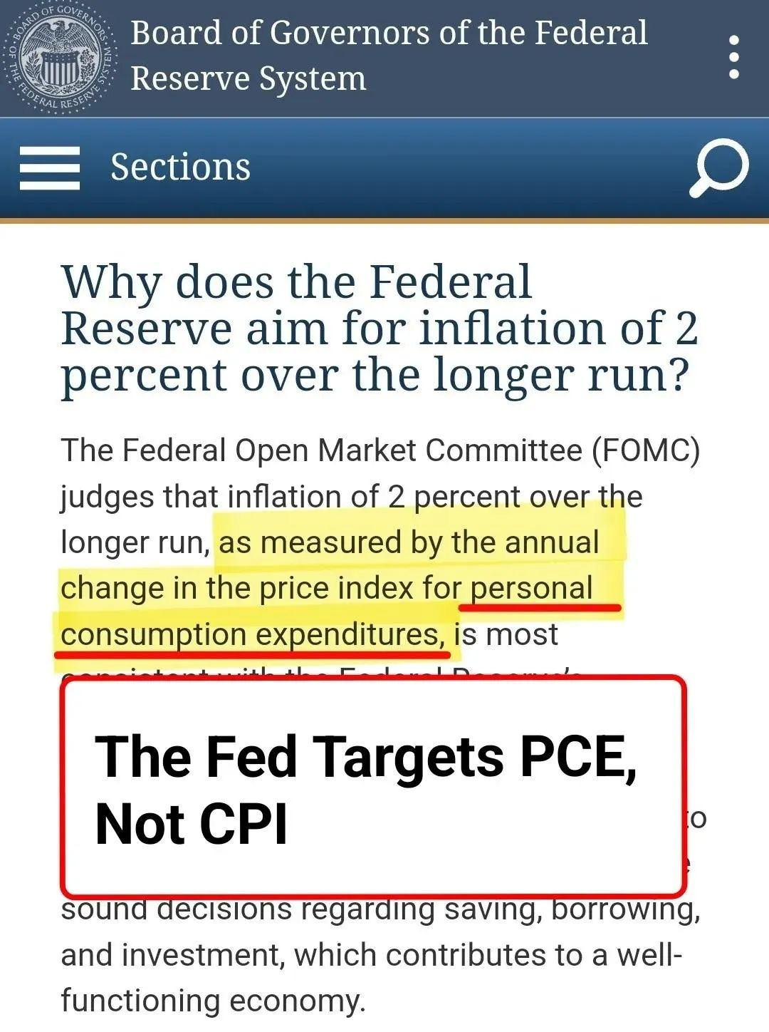 Photo by Ophir Gottlieb on January 31, 2024. May be an image of text that says 'Board of Governors of the Federal Reserve System Sections Why does the Federal Reserve aim for inflation of 2 percent over the longer run? The Federal Open Market Committee (FOMC) judges that inflation of 2 percent over the longer run, as measured by the annual change in the price index for personal consumption expenditures, is most The Fed Targets PCE, Not CPI sound decisions regarding saving, borrowing, and investment, which contributes to a well- functioning economy.'.