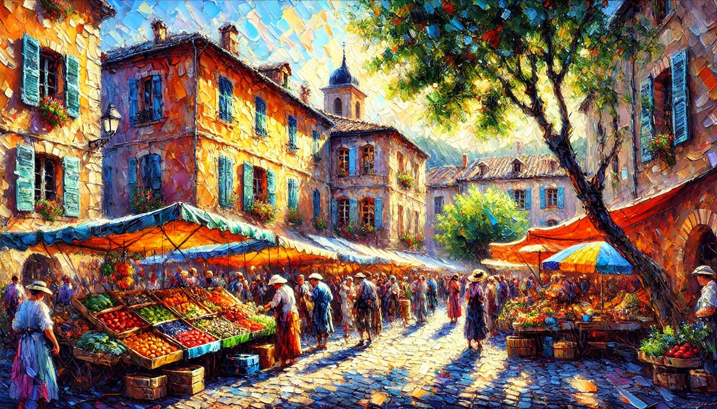 A vibrant, impressionistic painting of a bustling outdoor market scene in a small European village. The market is filled with people browsing colorful stalls under bright awnings, selling fresh fruits and vegetables. The architecture includes rustic buildings in warm colors, with windows and a small bell tower visible in the background. Tall trees with green leaves shade parts of the scene, and the sunlight creates lively shadows on the cobblestone ground. The brushstrokes are textured and expressive, capturing the lively atmosphere and community spirit of the market. Wide format.