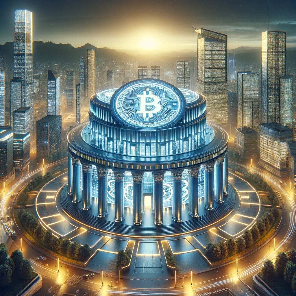 An image representing 'The Institutional Awakening: Bitcoin's Ascension Beyond ETF Approval'. The visual depicts a grand, futuristic financial institution, with Bitcoin symbols integrated into its architecture, symbolizing the growing embrace of Bitcoin by traditional financial sectors. The building stands tall and illuminated, amidst a skyline of modern skyscrapers under a breaking dawn. This represents the new dawn of Bitcoin's acceptance and integration into institutional investment portfolios. The image embodies a blend of traditional finance and digital innovation, illustrating the transformative journey of Bitcoin in gaining legitimacy and mainstream financial recognition.