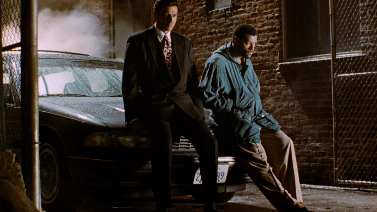 A still from Deep Cover featuring Jeff Goldblum and Laurence Fishburne.