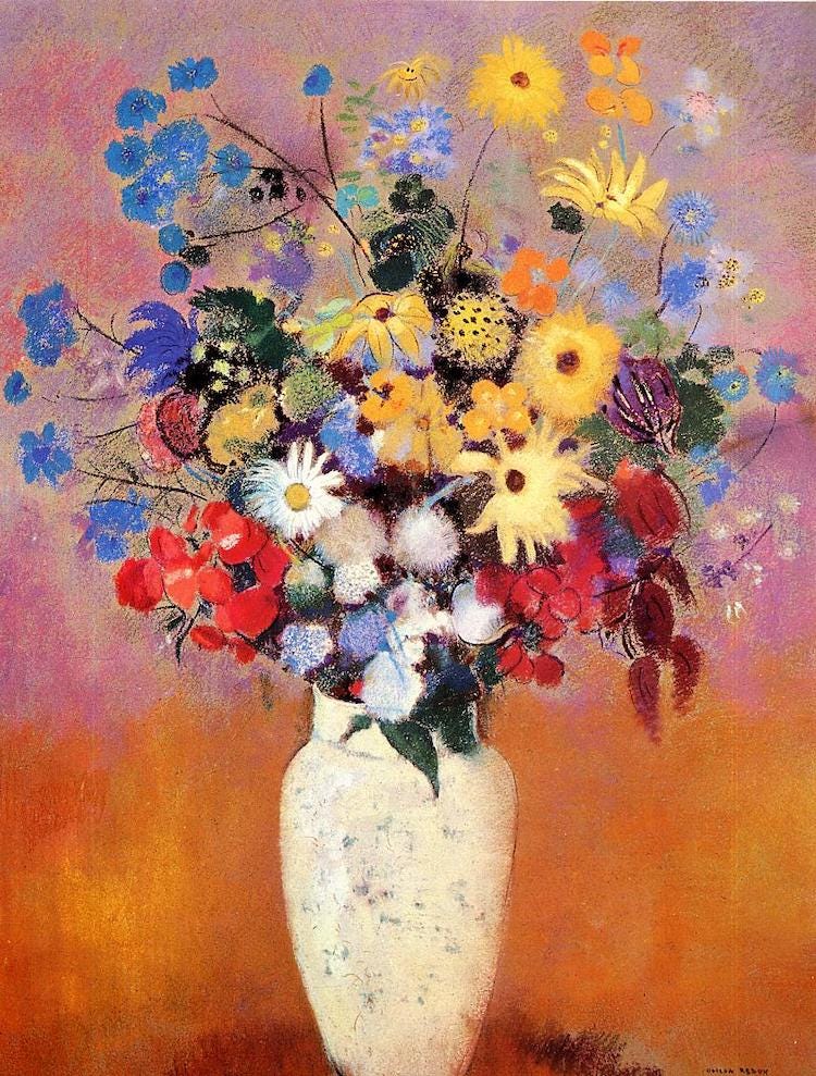 Painting of a white vase of  pastel flowers