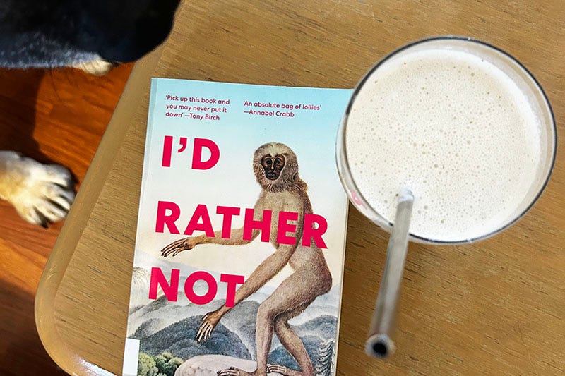 A smoothie, a dog's nose and a copy of the book 'I'd Rather Not' by Robert Skinner.