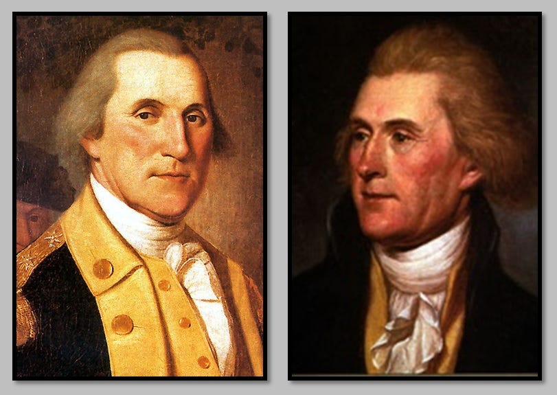 Side-by-side portraits of Thomas Jefferson and George Washington.