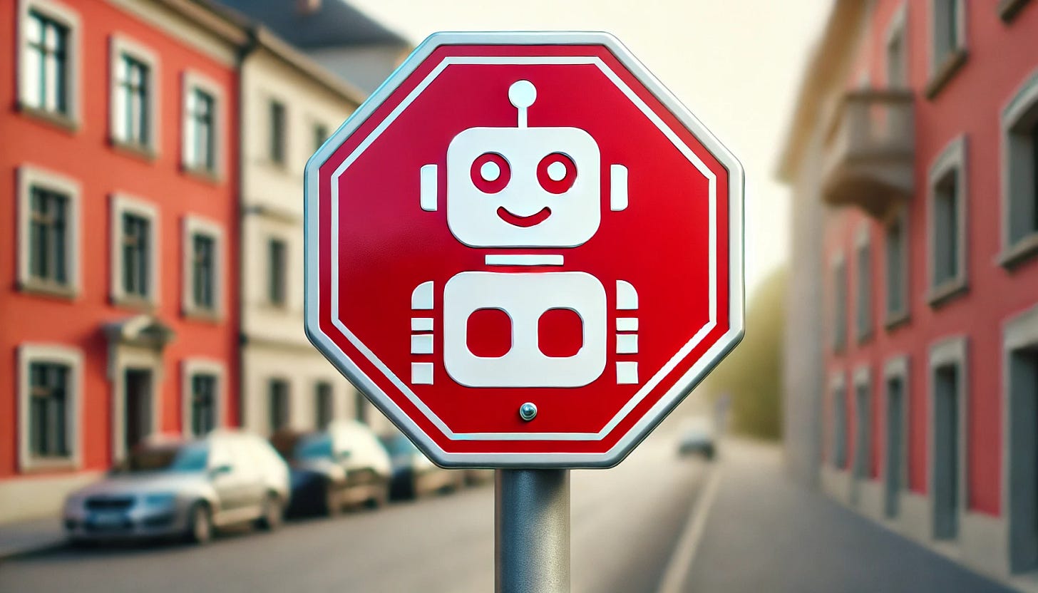 A widescreen image featuring a bright red octagon-shaped street sign clearly displaying a cartoon-style, friendly robot icon. The robot should be simple, cheerful, and visually appealing with expressive eyes and a welcoming smile. The sign is prominent and sharply outlined against a softly blurred background hinting at an urban street or suburban neighborhood. The overall art style is playful, vibrant, and inviting, emphasizing clean lines and bold colors.