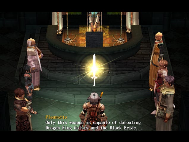 A screenshot of the moment in Xanadu Next where the sages present you with the legendary Dragonslayer sword. It's shown in the middle of the screen, radiating light. Fleurette is saying, "Only this weapon is capable of defeating Dragon King Galsis and the Black Bride."