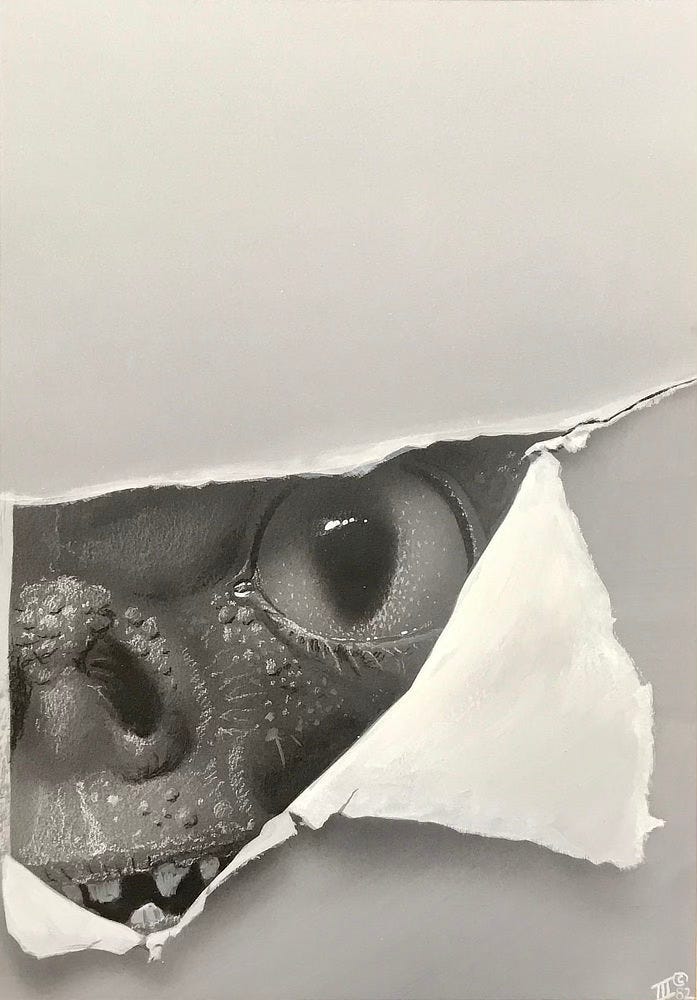 Tonal alternative preliminary concept for THE YEAR'S BEST HORROR STORIES: SERIES X featuring a sheet of paper torn to reveal the reptilian eye and snub nose of a monster. Its teeth are jagged and asymmetrical.