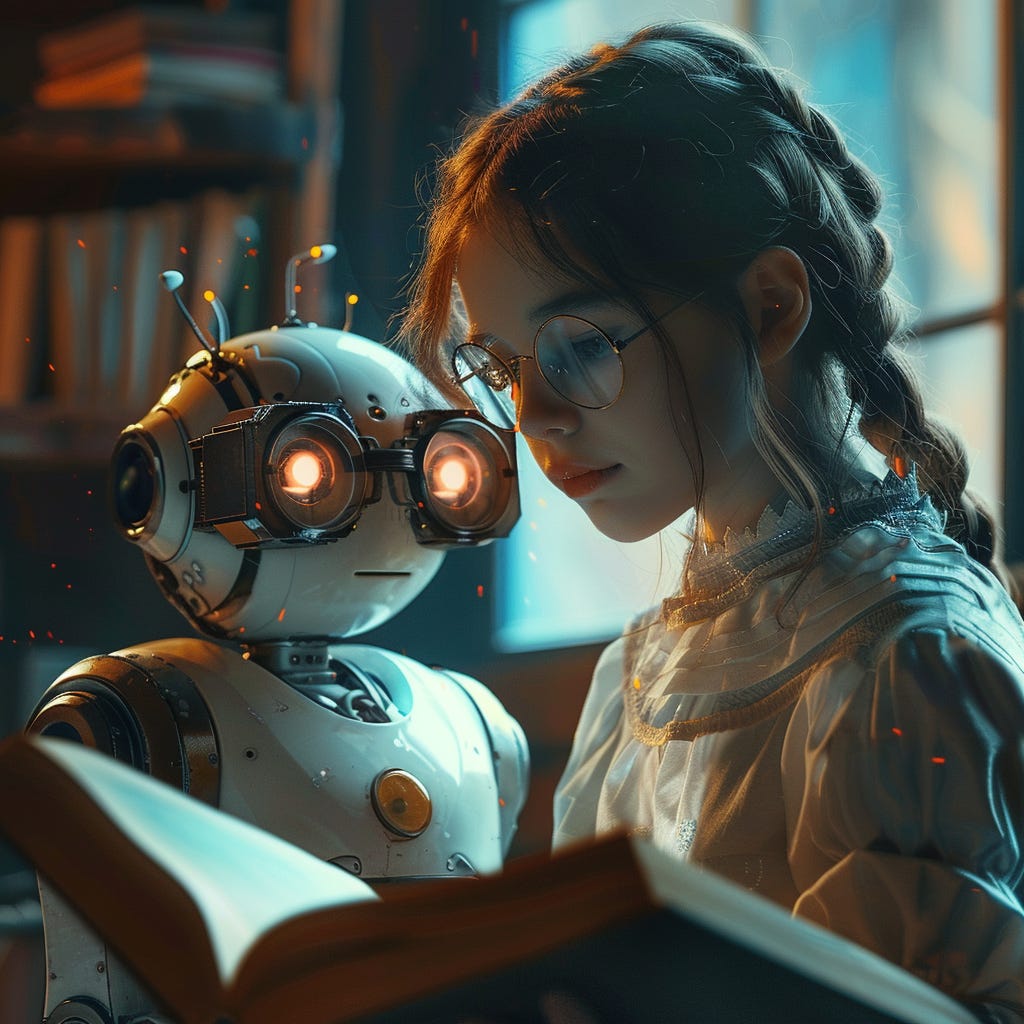 A young female nerd and a cute robot with nerdie glassed reading a science book. 